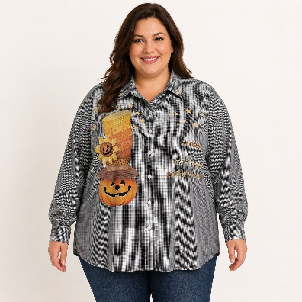 Vtg Mili Designs Halloween Shirt Women's 1X Gingham Pumpkin Appliqué Button Up